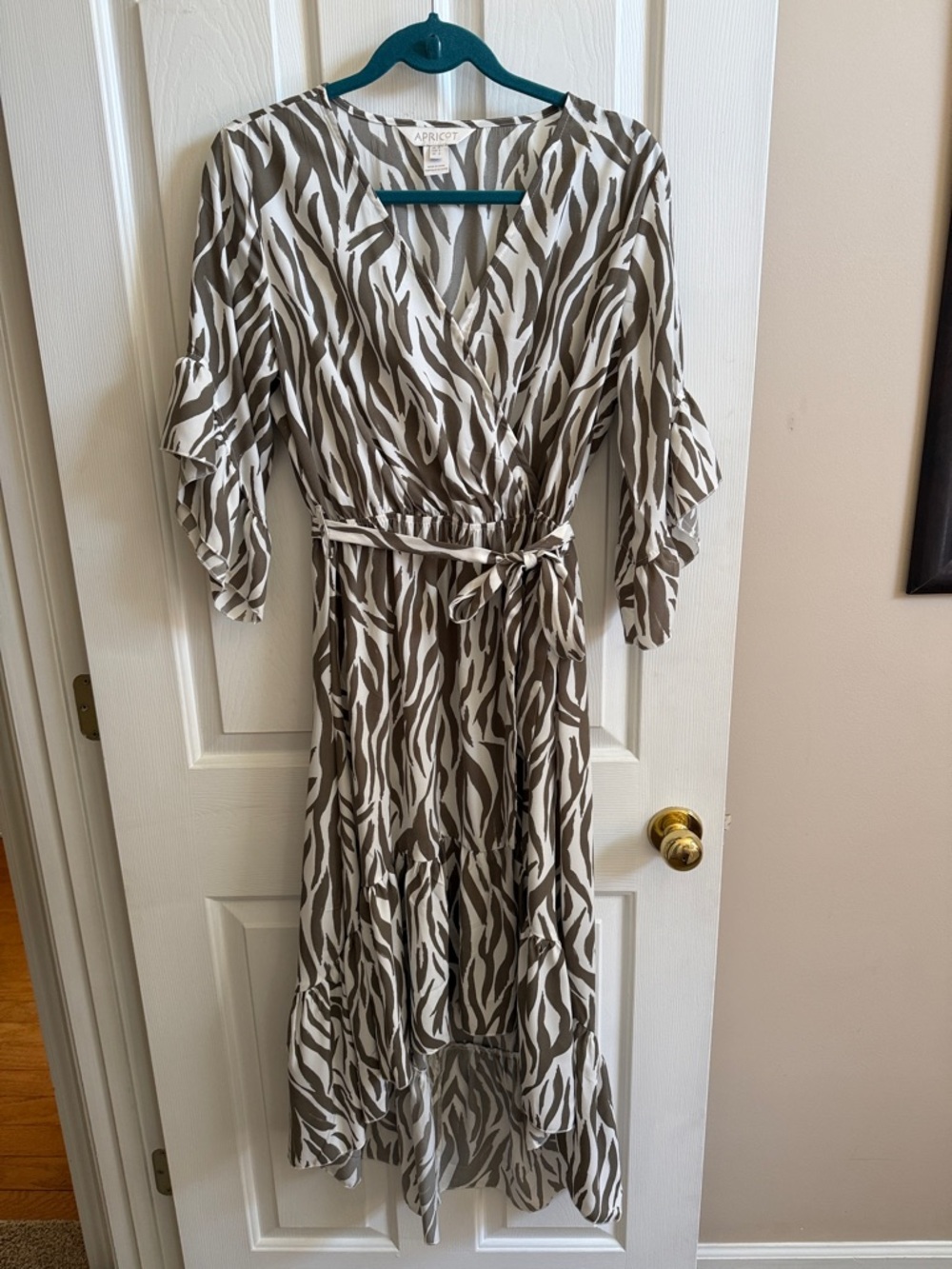 🌸APRICOT: Taupe and White Zebra-Print High-Low Wrap Dress